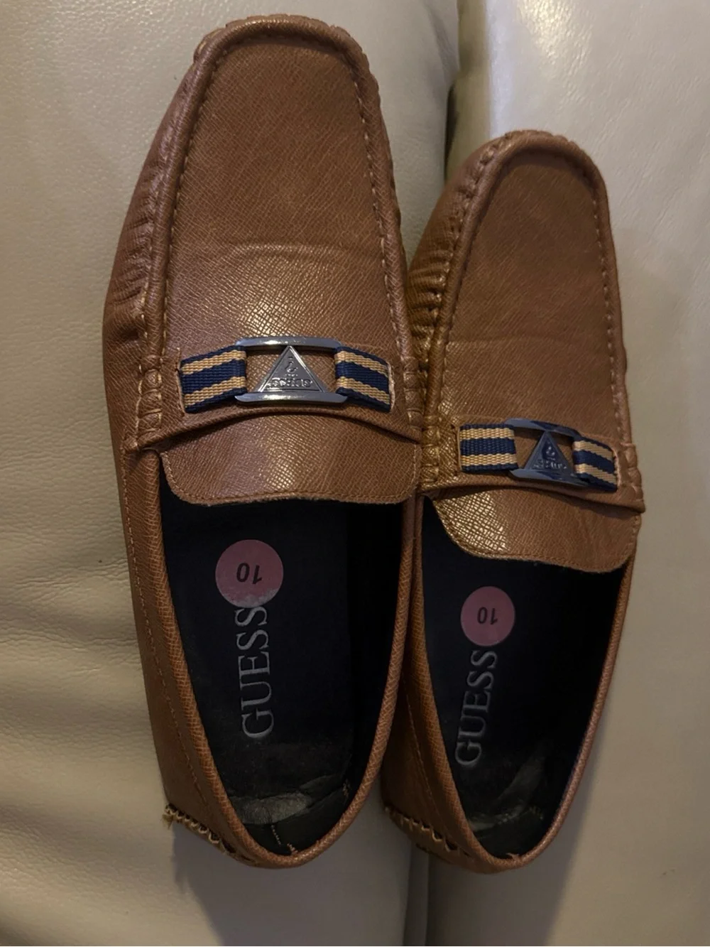 GUESS Brown Leather Slip-On Loafers with Navy Stripe Detail